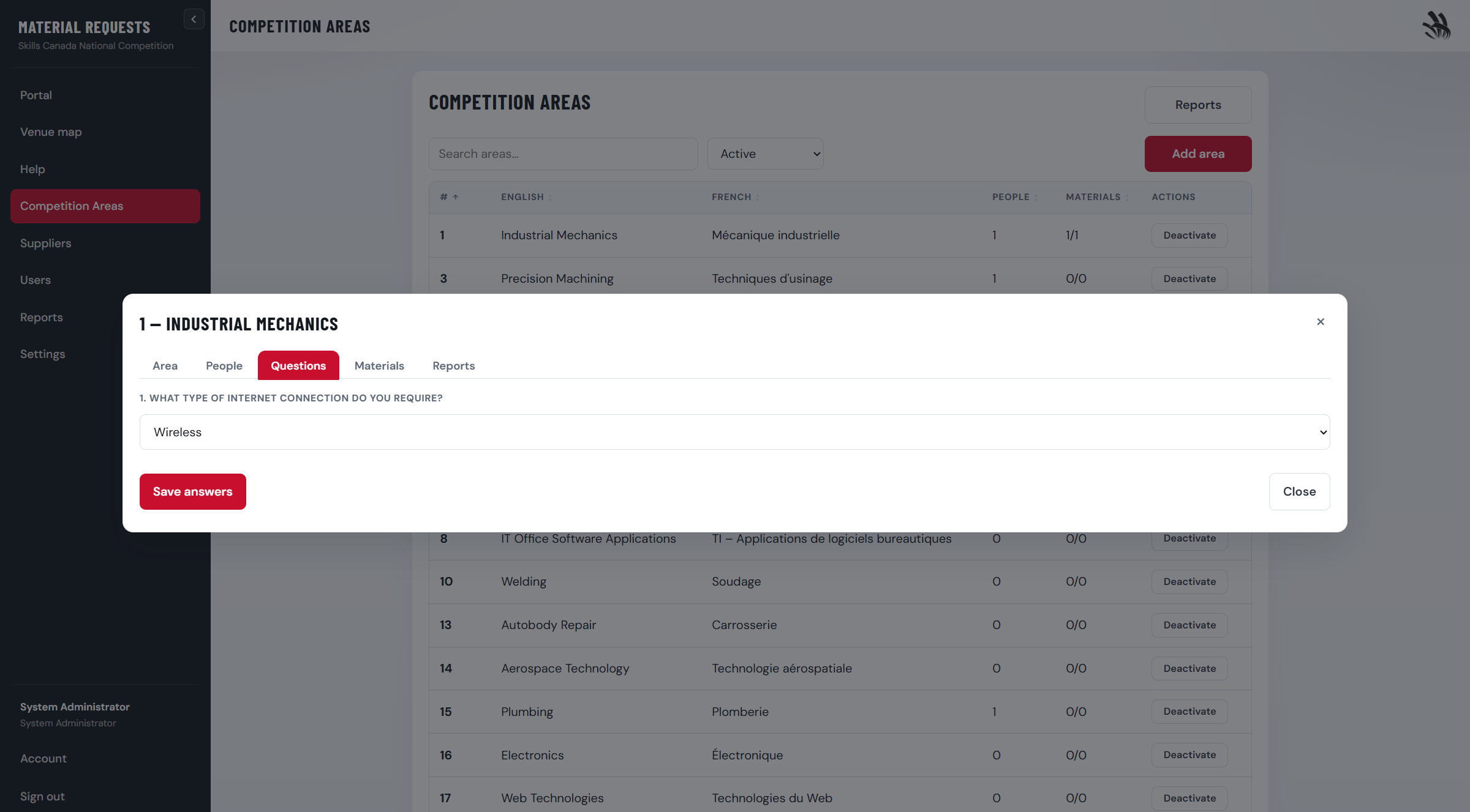 Area editor questions tab