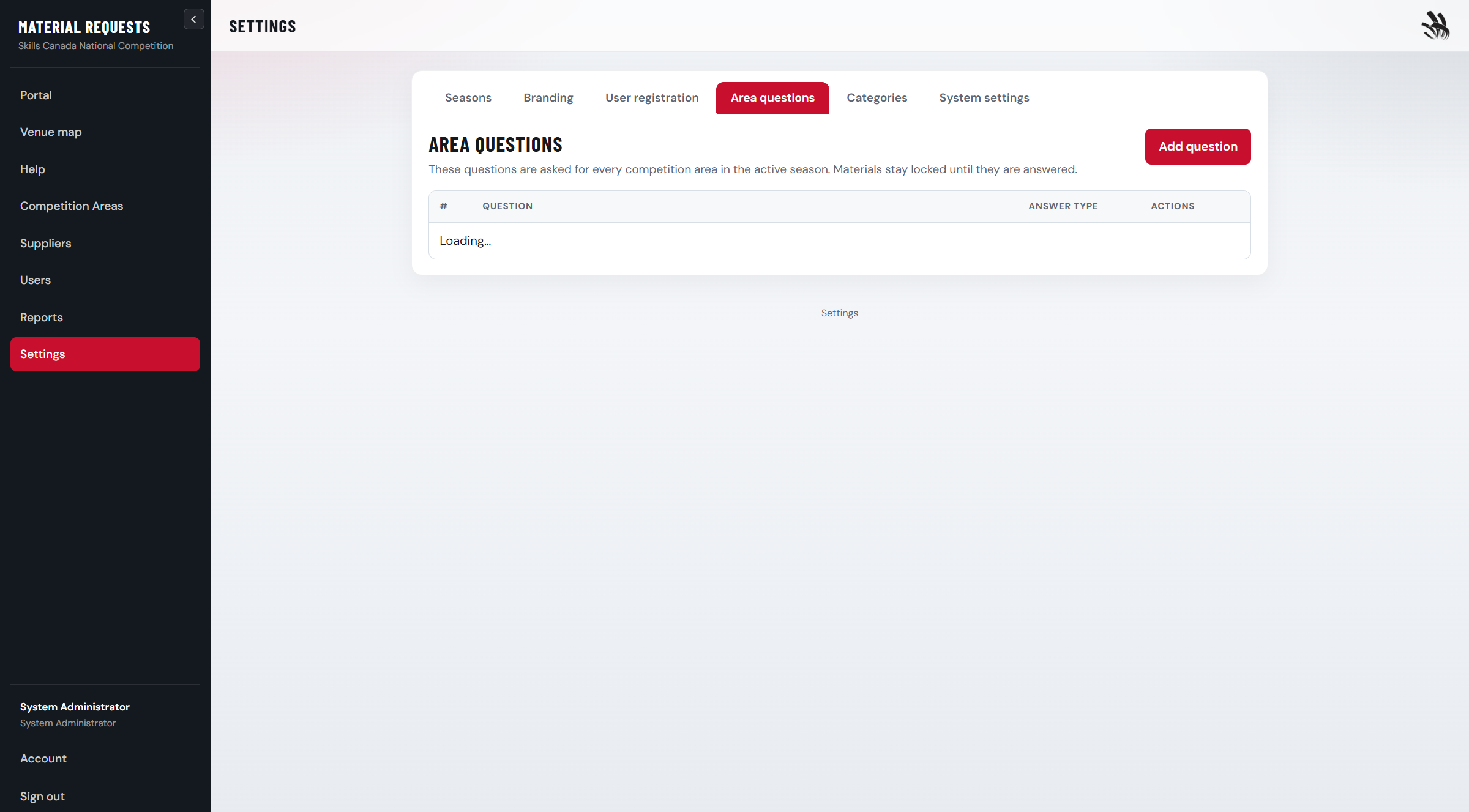 Settings area questions tab